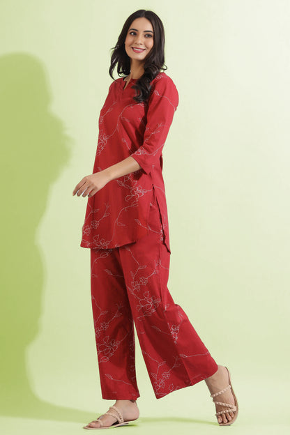 Stylish Maroon Loungewear Set with Floral Dot Print