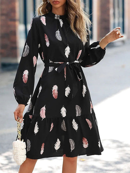 Belted Feather Print Dress for Women: Effortless Elegance