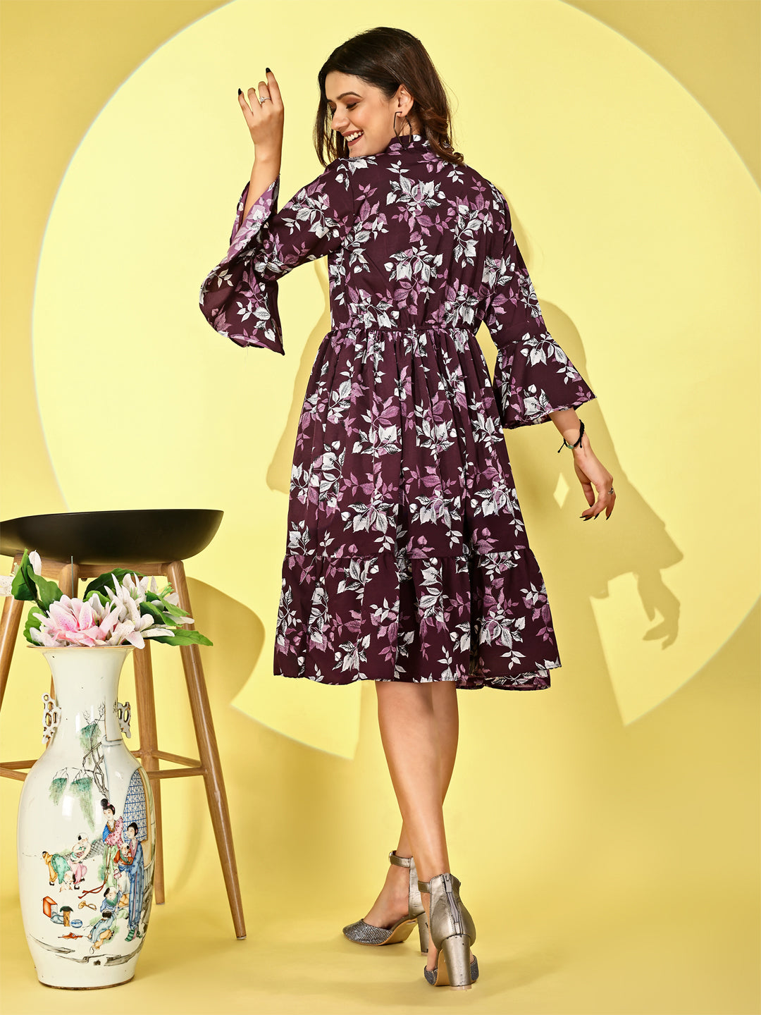 Elegant Maroon Floral print one piece for Women