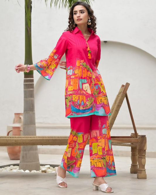 Pink Printed Reyon Kurti and Pant Co-Ord Set: Party Wear Salwar Kameez