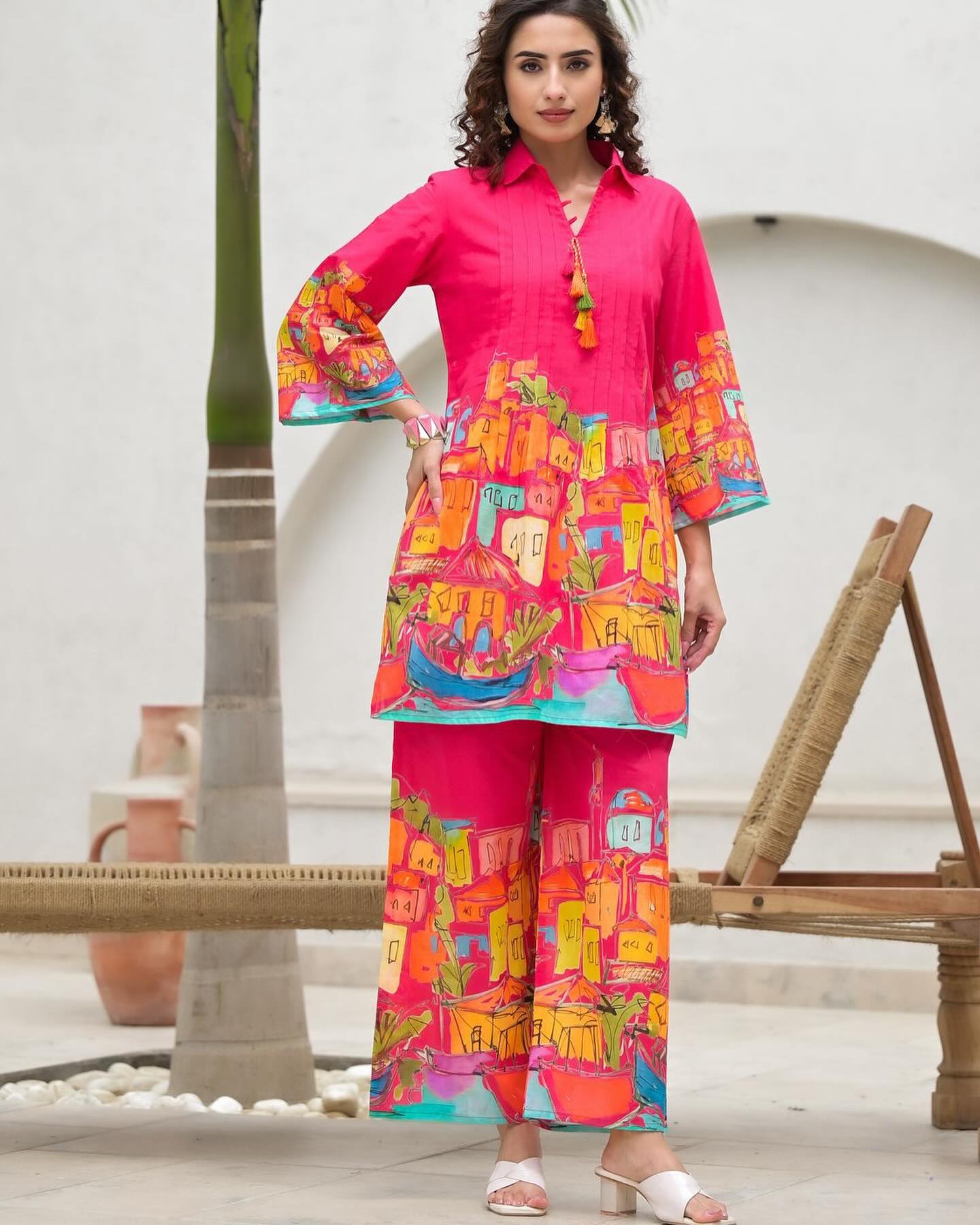 Pink Printed Reyon Kurti and Pant Co-Ord Set: Party Wear Salwar Kameez