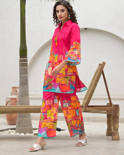 Pink Printed Reyon Kurti and Pant Co-Ord Set: Party Wear Salwar Kameez