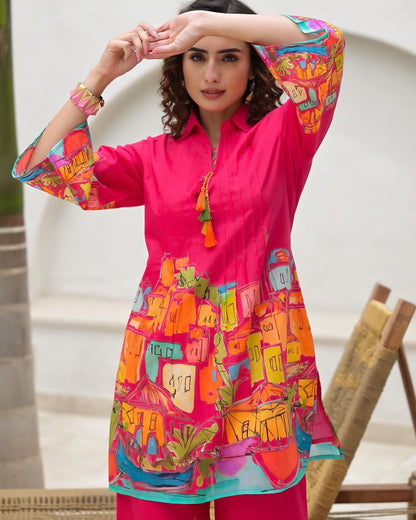 Pink Printed Reyon Kurti and Pant Co-Ord Set: Party Wear Salwar Kameez